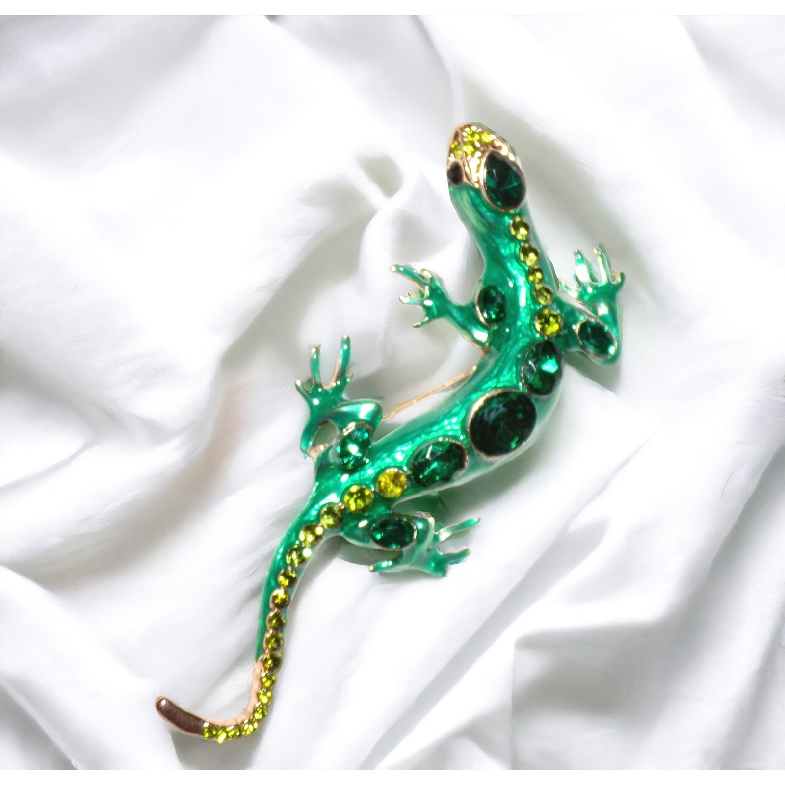 Lizard Brooch 35 Green Enamel  Bezel Set Rhinestone